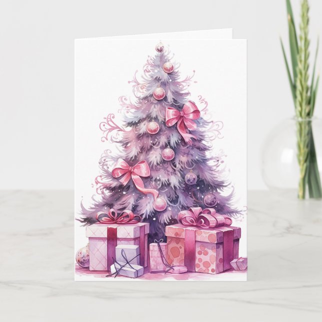 Pink Watercolor Weihnachtsbaum Karte (Vorderseite)