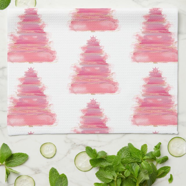 Pink Watercolor Weihnachtsbaum Tee Geschirrtuch (Gefaltet)