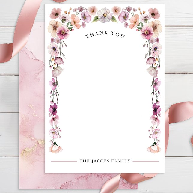 Pink Watercolor Wildblume Dankeschön Card - Dusty Dankeskarte (Blank Floral Thank You Card)