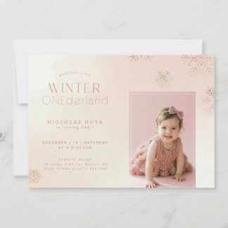Pink Watercolor Winter Onederland Birthday Photo Einladung