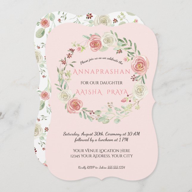 Pink Watercolor Wreath Annaprashan Baby Girl Einladung (Vorne/Hinten)