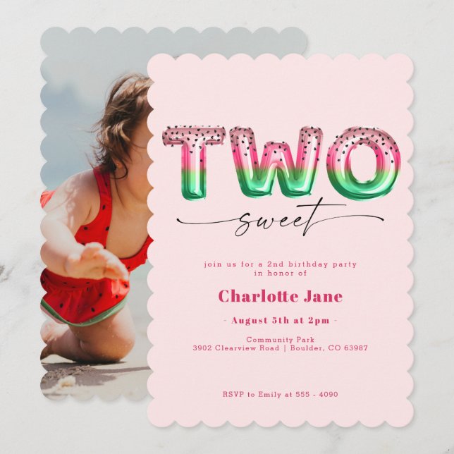 Pink Watermelon Ballon 2. Geburtstag Einladung (Vorne/Hinten)
