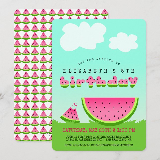 Pink Watermelon Birthday Picnic Party Einladung (Vorne/Hinten)