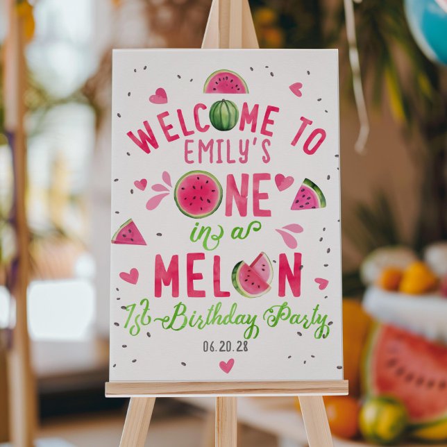 Pink Watermelon - Ein Melone-Begrüßungszeichen Poster (pink one in a melon, girl summer 1st birthday welcome sign, birthday party decor.)