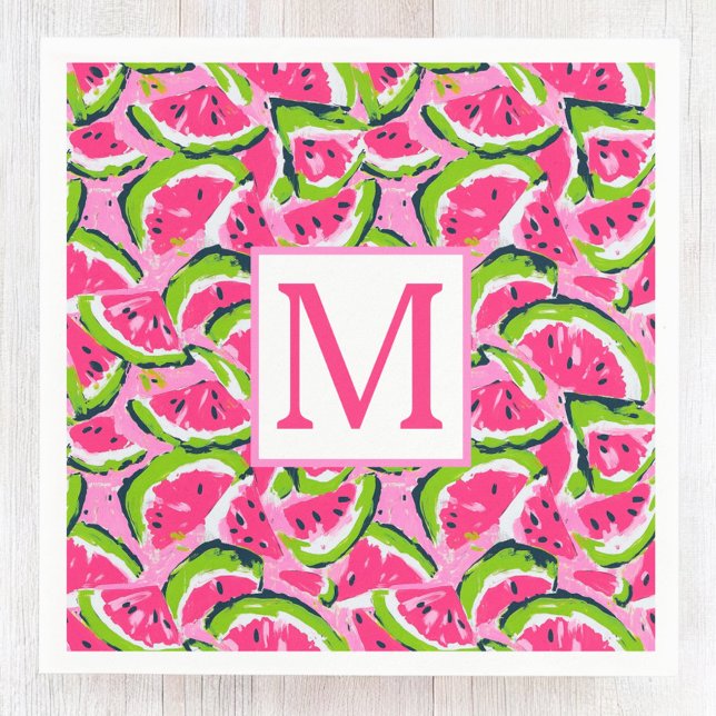 Pink Watermelon Fruit Slices Pattern Monogram Serviette (Von Creator hochgeladen)