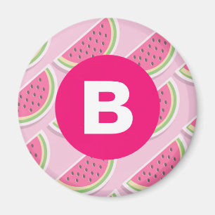 Pink Watermelon Muster Circle Monogram Magnet