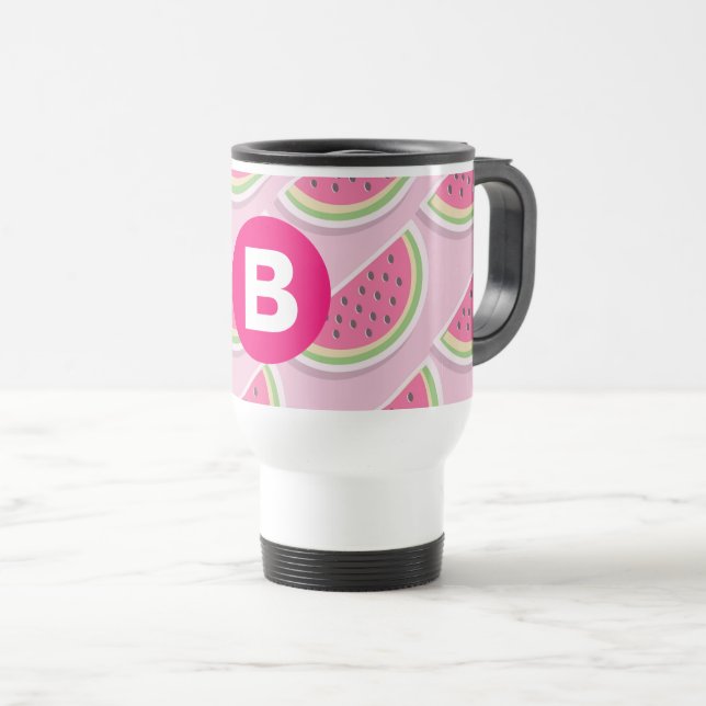 Pink Watermelon Muster Circle Monogram Reisebecher (VorderseiteRechts)