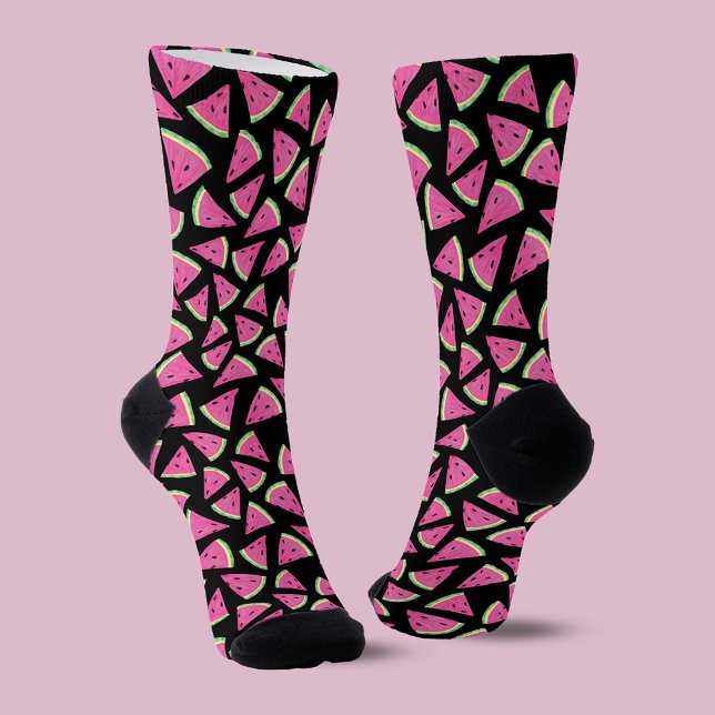 Pink Watermelon Muster Socken (Fun watermelon pattern fruity summer socks on black background. Other colors & products available.)