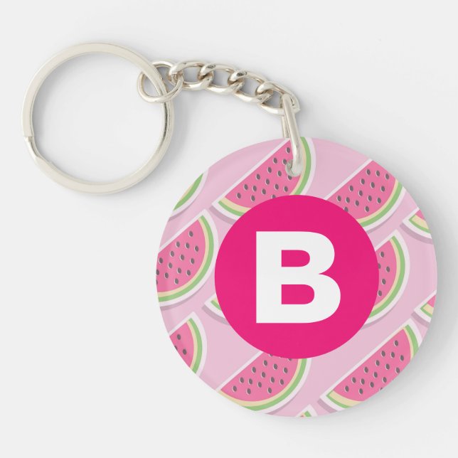 Pink Watermelon Pattern Circle Monogram Schlüsselanhänger (Vorderseite)