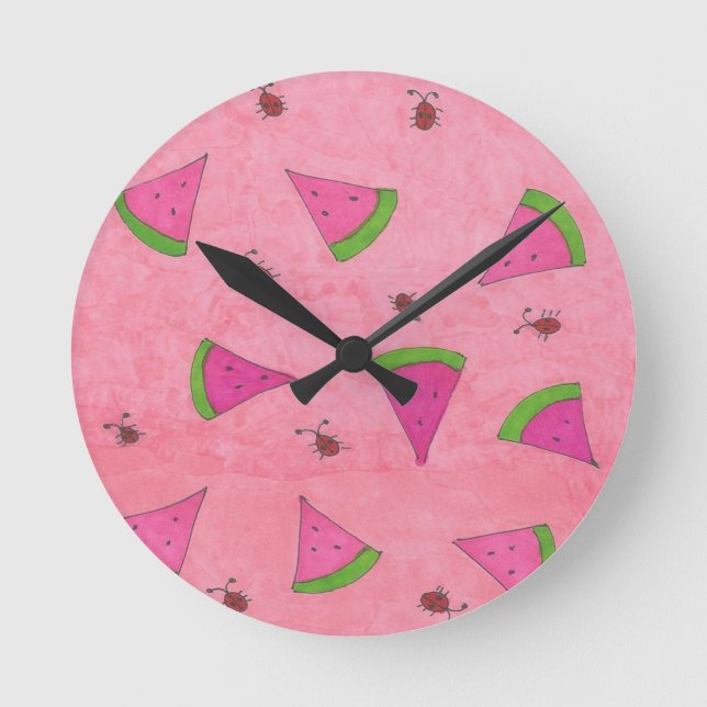 Pink Watermelon und Lady Bugs Runde Wanduhr (Vorderseite)