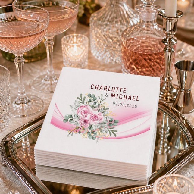 Pink Wave & Floral Wedding 9" Papier Napkins Serviette (Von Creator hochgeladen)