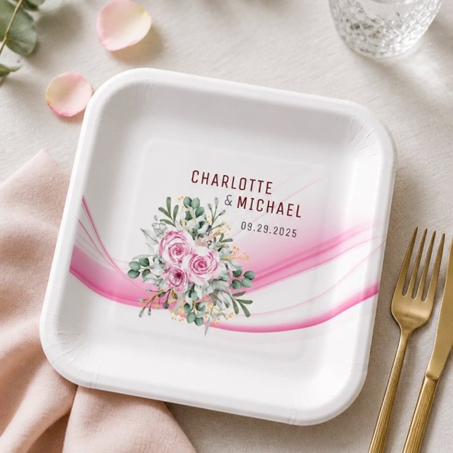 Pink Wave & Floral Wedding 9" Teller (Von Creator hochgeladen)
