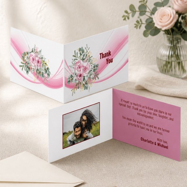 Pink Wave & Floral Wedding Danke Karte (Von Creator hochgeladen)