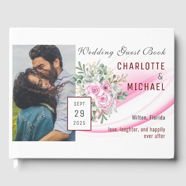 Pink Wave & Floral Wedding Gästebuch (Vorderseite)