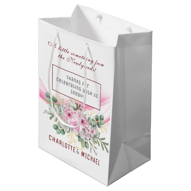Pink Wave & Floral Wedding Geschenktasche Mittlere Geschenktüte (Vorderseite Schrägansicht)