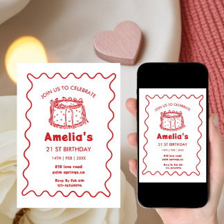 Pink Wavy Birthday hand drawn cake Einladung