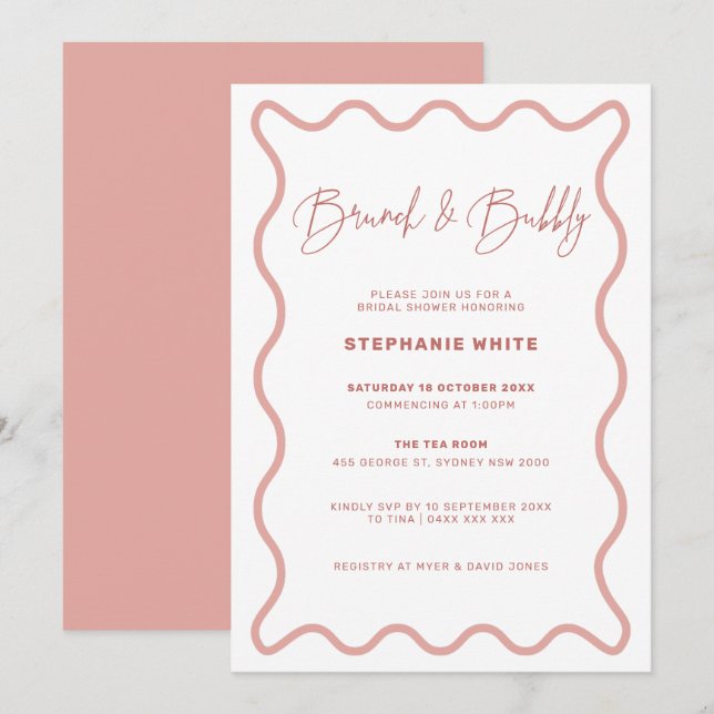 Pink Wavy Border Brunch und Bubbly Einladung (Vorne/Hinten)