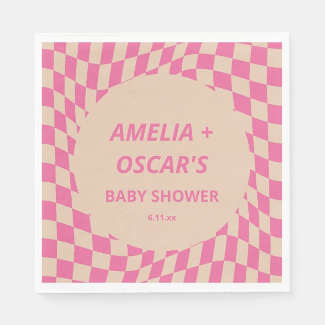 Pink Wavy Checker Couples Baby Shower Names Serviette (Vorderseite)