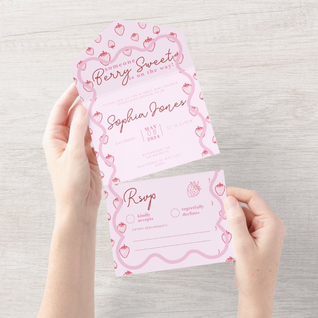 Pink Wavy Strawberry Berry Sweet Girl Baby Dusche All In One Einladung (zazzle berry sweet theme baby shower invitations)