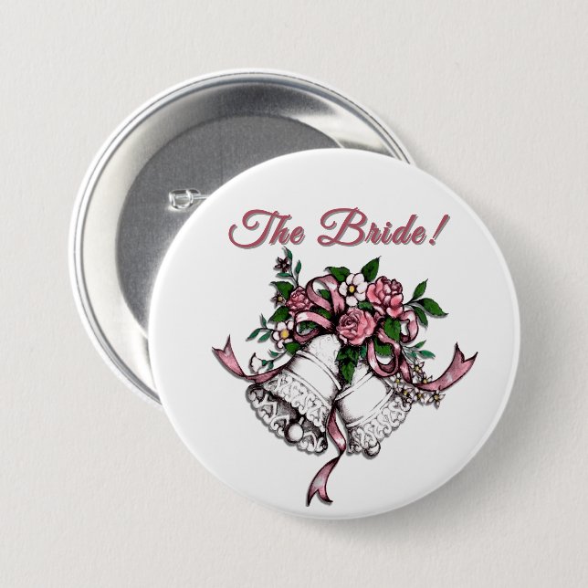 Pink Wedding Bells The Bride Button (Vorne & Hinten)