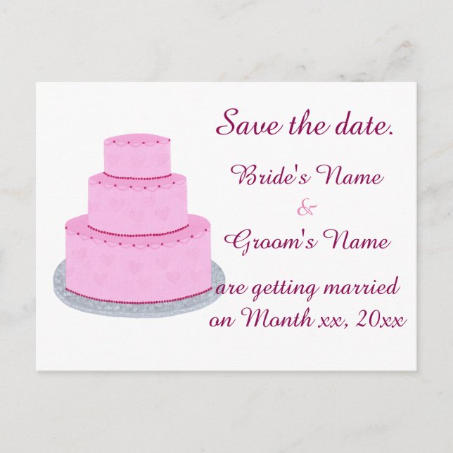 Pink Wedding Cake Hearts Speichern Sie die Datumsp Ankündigungspostkarte (Vorderseite)