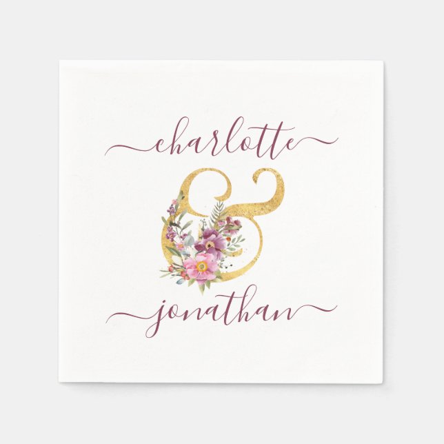 Pink Wedding Floral Gold Ampersand (&) mit Namen Serviette (Vorderseite)