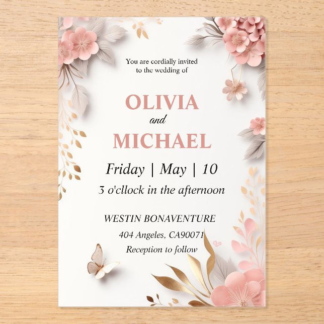 Pink wedding invitation template pink flowers  acryleinladungen (Vorderseite)
