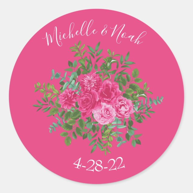 Pink Wedding Modern Floral Runder Aufkleber (Vorderseite)