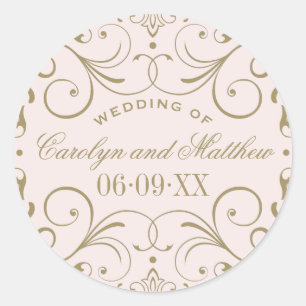 Pink Wedding Monogram Antique Gold Geblüht Runder Aufkleber