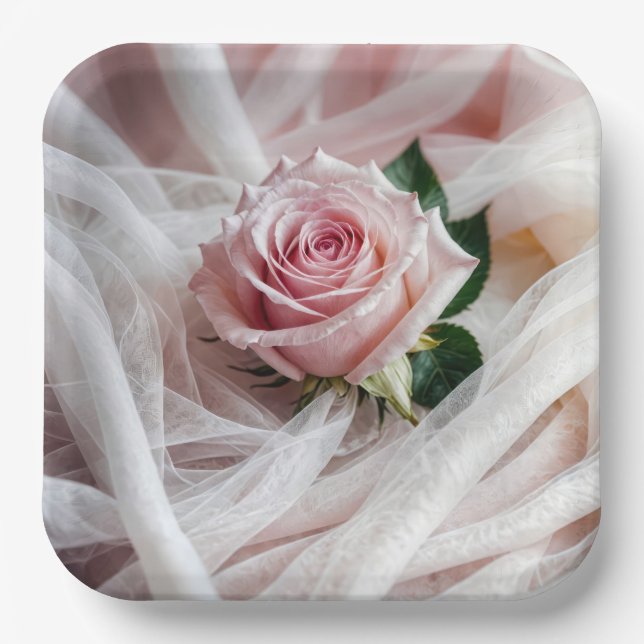 Pink Wedding Rose auf Tulle Pappteller (Vorderseite)