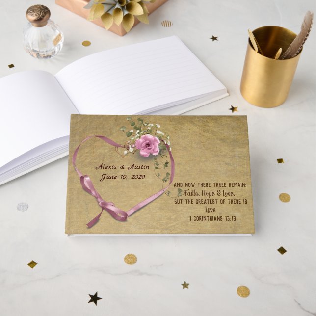 Pink Wedding Rose Scripture Verse Gästebuch (Vorderseite Offen)