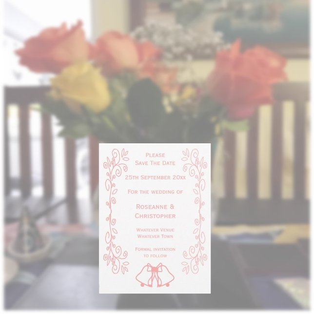 Pink Wedding Save the Date Bells Scrollwork (Pink wedding save the date card bells and scrollwork design)