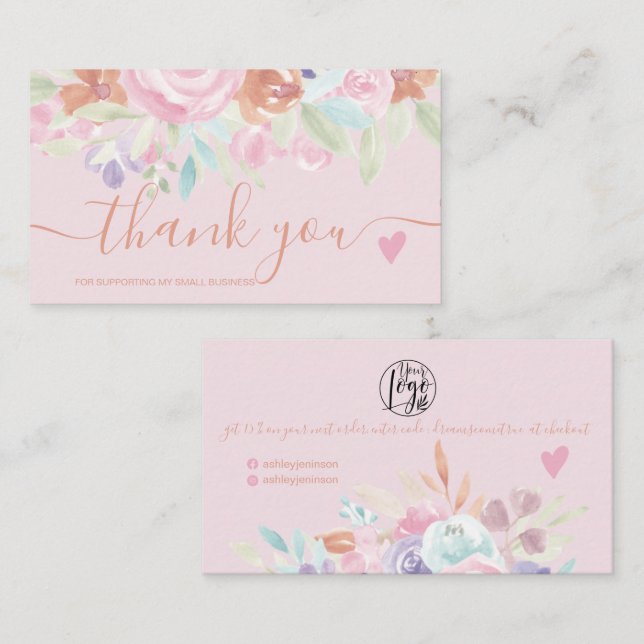 Pink Weich pastellfarbene florale Aquarellfarben V Visitenkarte (Vorne/Hinten)