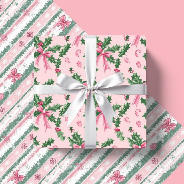 Pink Weihnachten Holly Candy Canes und Bows Geschenkpapier Set (Von Creator hochgeladen)