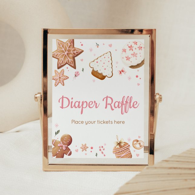 Pink Weihnachten Kleiner Keks Windeln Raffle Poster (Christmas Little Cookie Gingerbread Baby Shower Diaper Raffle Sign)