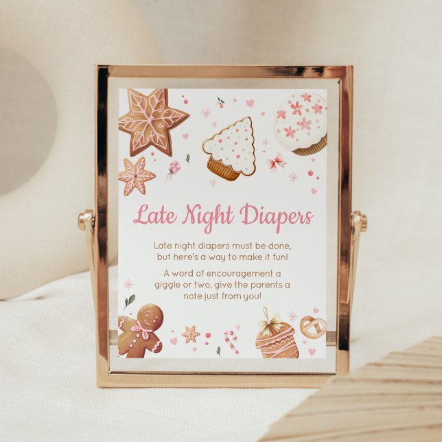 Pink Weihnachten Kleines Keks Späte Nacht Windeln Poster (Christmas Little Cookie Gingerbread Baby Shower Late Night Diapers Sign)