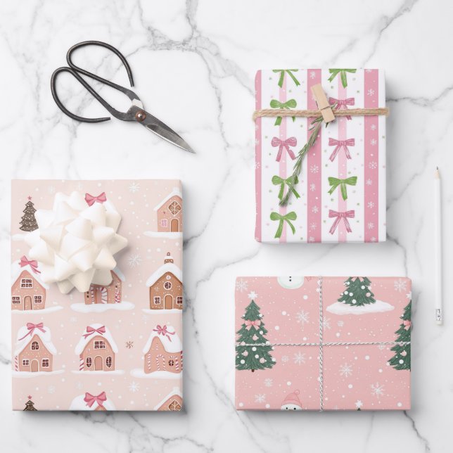 Pink Weihnachtsbaum Gingerbrot Häuser Bows Geschenkpapier Set (Vorderseite)