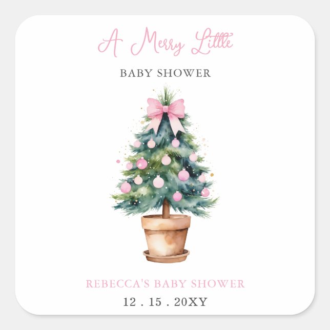 Pink Weihnachtsbaum Merry Little Baby Dusche Quadratischer Aufkleber (Vorderseite)