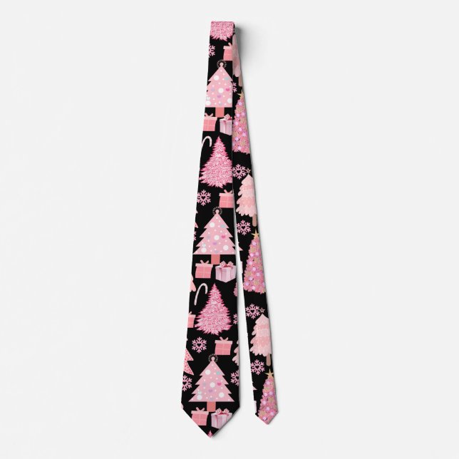 Pink Weihnachtsbaumen Muster Black BG Krawatte (Vorderseite)