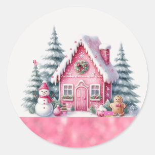 Pink Weihnachtsdorf Gingerbrett Haus Runder Aufkleber