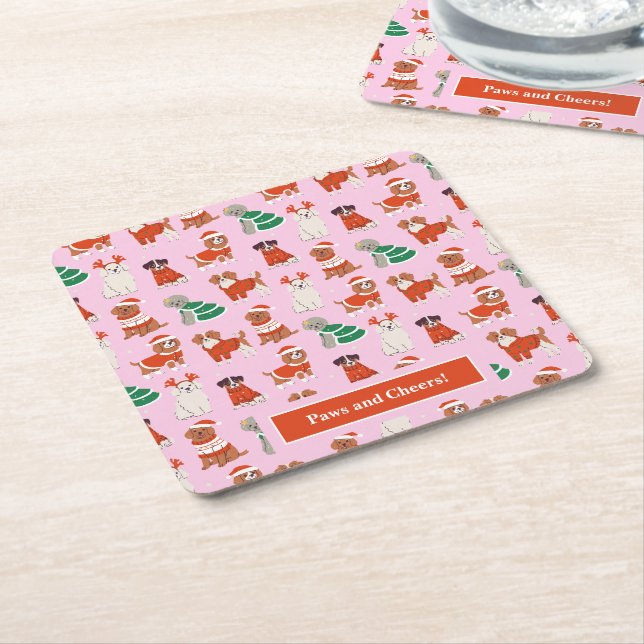 Pink Weihnachtshunde Personalisiert Paws and Chews Rechteckiger Pappuntersetzer (angewinkelt)