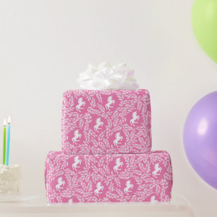Pink & Weiß Einhorn Blumen Blatt Muster Geschenkpapier