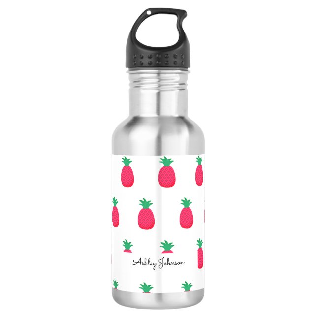 Pink Weiße Ananas Muster Chic Edelstahlflasche (Vorderseite)