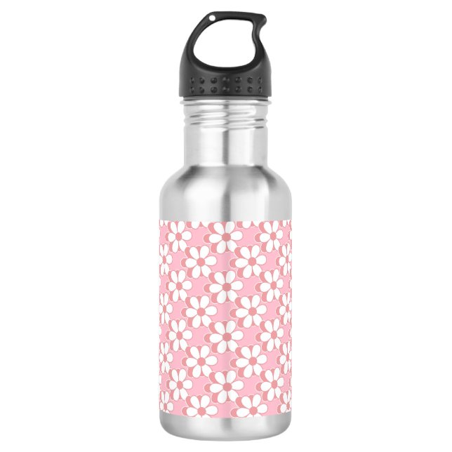 Pink-weiße Blume-Muster auf hellrosa Edelstahlflasche (Vorderseite)
