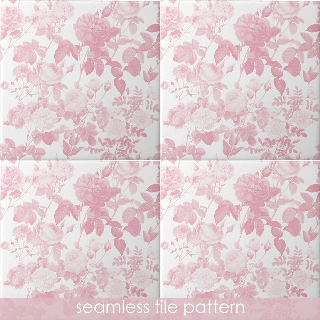 Pink Weiße Rose Muster Fliese (Pink White Floral Roses Pattern Ceramic Tile)