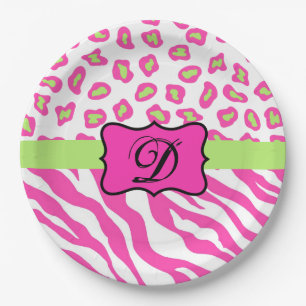 Pink weiße Zebra Leopard-Haut-Monogramm-Initiale Pappteller