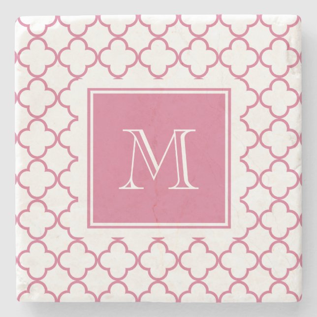 Pink weißes Quatrefoil | Ihr Monogramm Steinuntersetzer (Vorderseite)