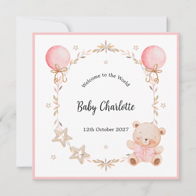 Pink Welcome Baby Floral Frame Teddy Bear Card (Vorderseite)