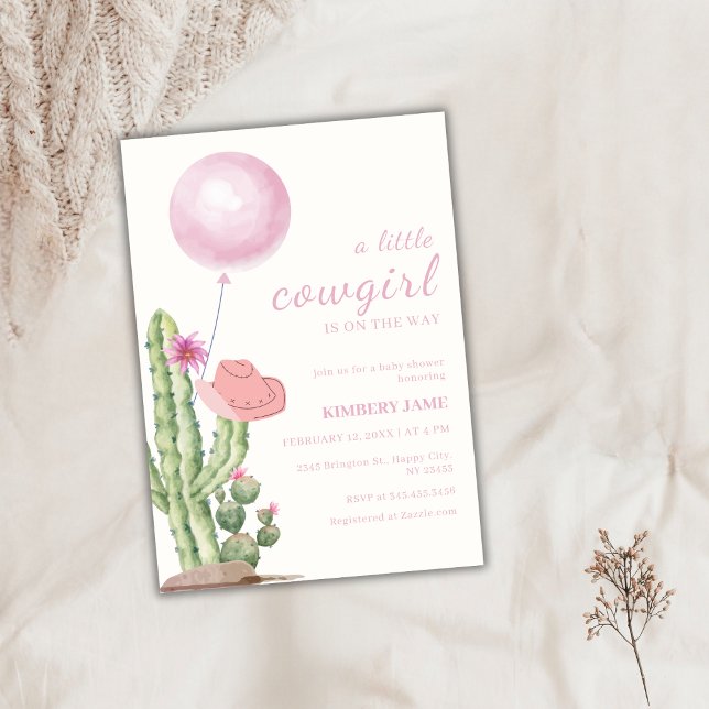 Pink Western Cactus Balloon Cowgirl Babydusche Einladung (Pink Western Cactus Balloon Cowgirl Baby Shower Invitation)