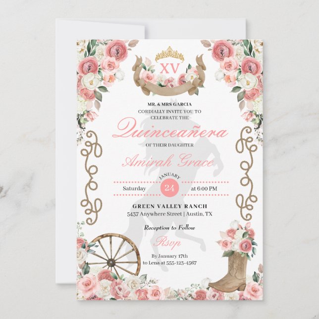 Pink Western Charro Cowgirl Quinceañera Einladung (Vorderseite)